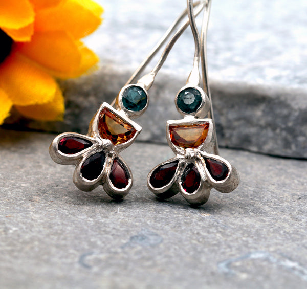 Multi Stones offers Silver Earring with Citrine, Blue topaz, and Garnet, Handmade Silver Ring from Bali